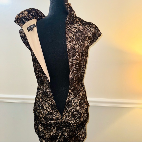 Xscape Tan Black Lace Formal/Semi midi body-con dress Sz 10. Ruched wCap sleeve. - Picture 4 of 16